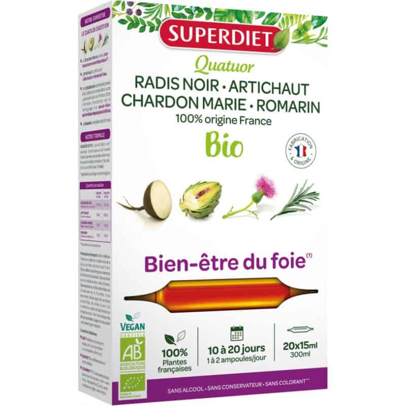 Superdiet -- Quatuor bien être du foie bio (radis noir, artichaut, chardon marie, romarin) - 20 ampoules de 10 ml