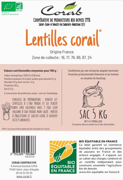 Lentilles corail bio equitables - 2